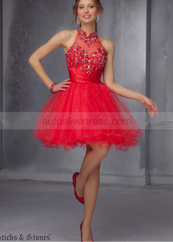 Tulle Beaded High Neck Sexy Back Knee Length Prom Dress 
